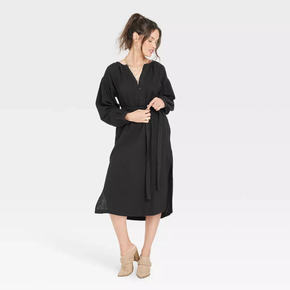 Women's Balloon Long Sleeve Tie-Front Shirtdress - Universal Thread Black XS