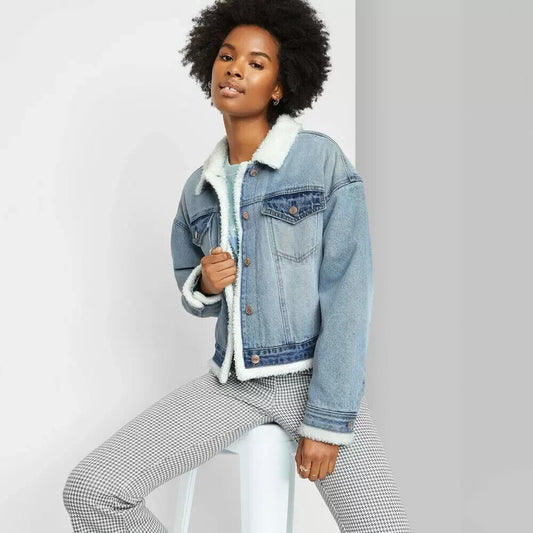 Women's Cropped Sherpa Lined Denim Jacket - Wild Fable Indigo Color Block S