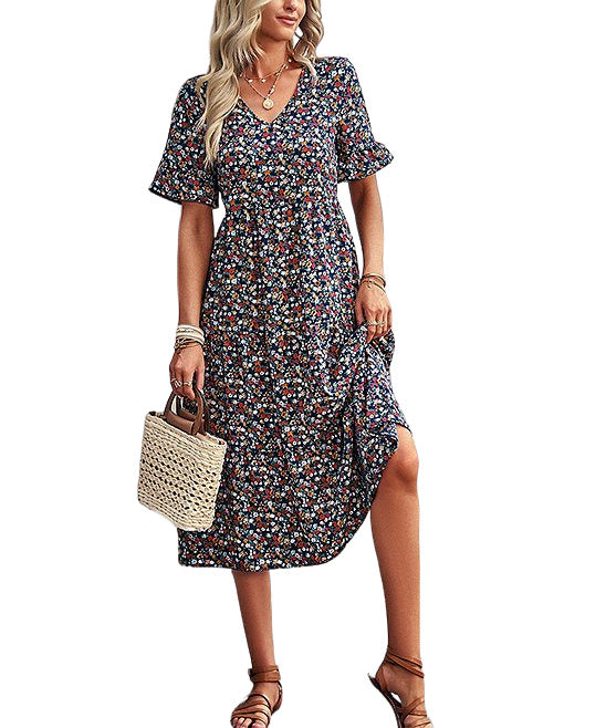 Elings Navy Floral Ruffle V Neck Puff Sleeve Midi Dress Women Size M