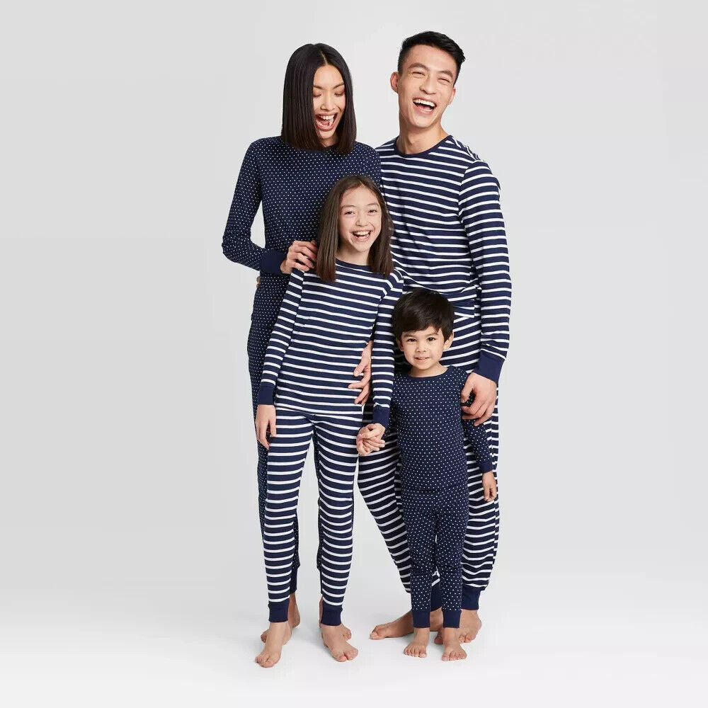 Men's Striped 100% Cotton Matching Family Pajama Set - Navy  M
