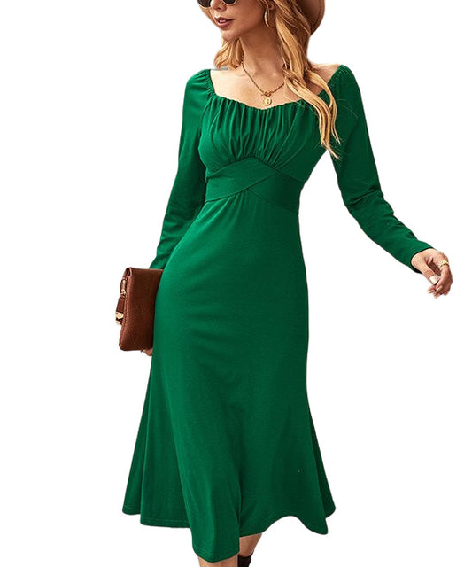 Gaovot Green Gathered Neck Cross Waist Midi Dress Size M