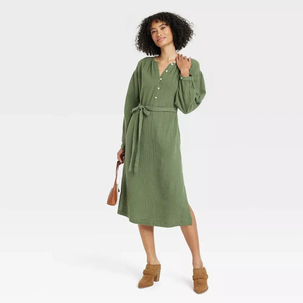 Women's Balloon Long Sleeve Tie-Front Shirtdress - Universal Thread Green M