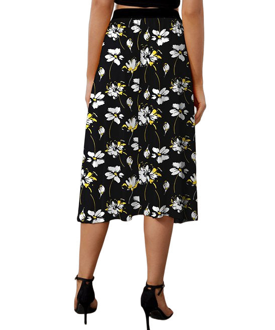 Black & White Floral Elastic Waist Midi Skirt Size L