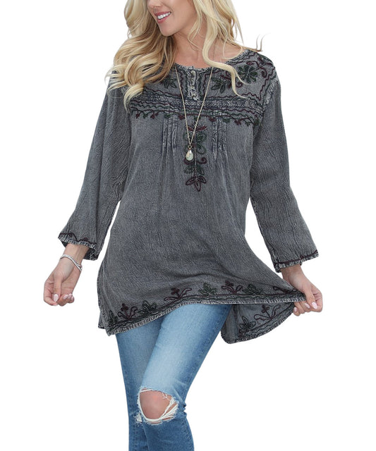 Gray & Dark Green Floral Embroidered Button Up Tunic Size (one size)