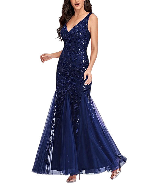 Beauty Emily  Navy Blue Leaf SequinAccent Sleeveless Mermaid Gown Women Size XXL