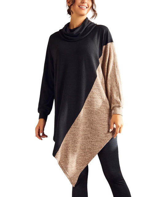 Simple by Suzanne Betro Black&Camel Color Block Cowl Neck Poncho Size L