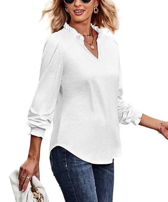 La Mode White Ruffle-Accent Poet-Sleeve Notch Neck Top Size M