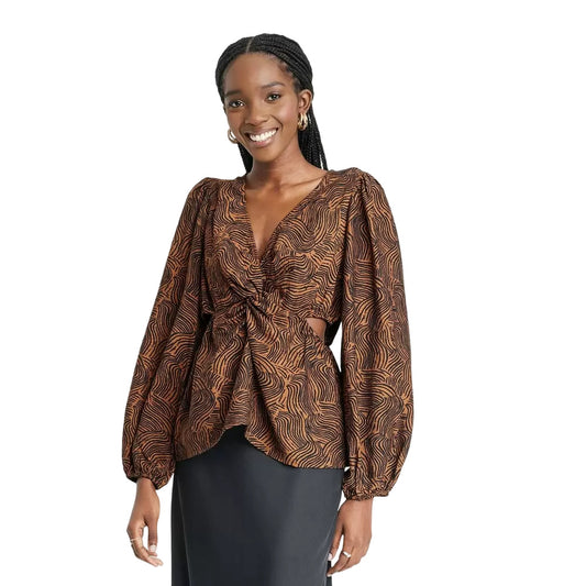 Women's Puff Long Sleeve V Neck Twist-Front Top  A New Day Brown Black L