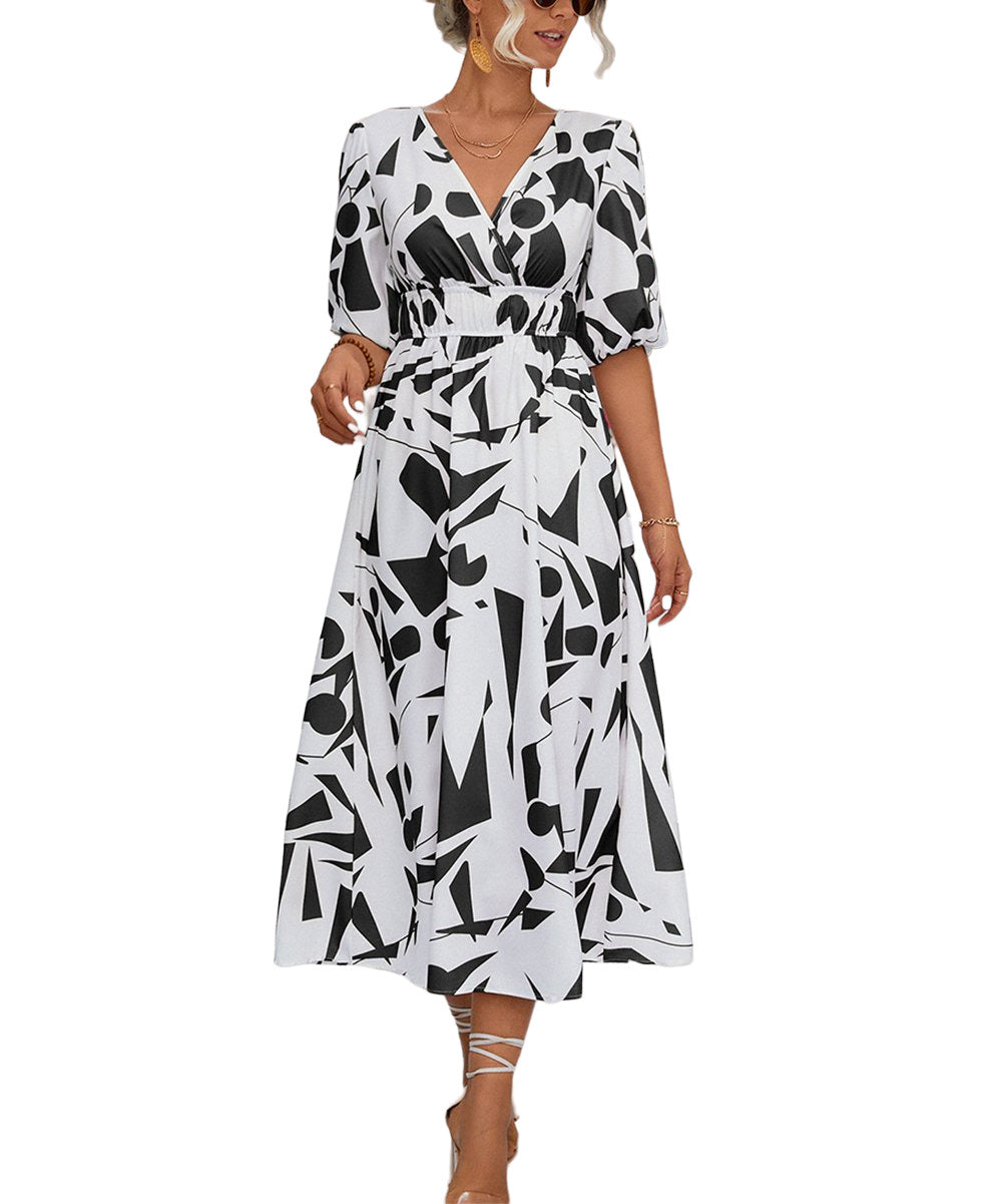 Romantichut Black & White Abstract Geometric Puff Sleeve Surplice Dress Size M