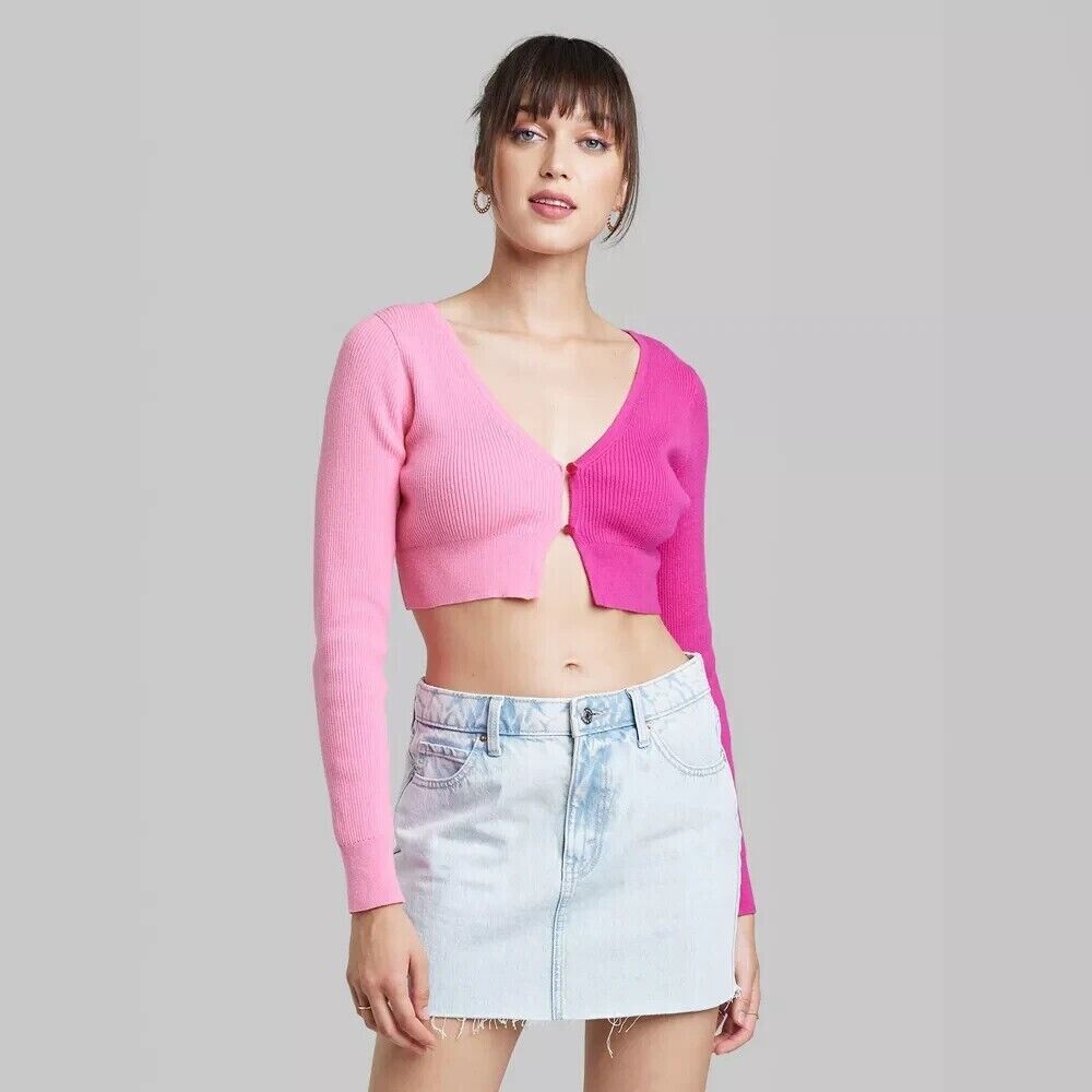 Women's Cropped Cardigan Wild Fable Pink Color block M