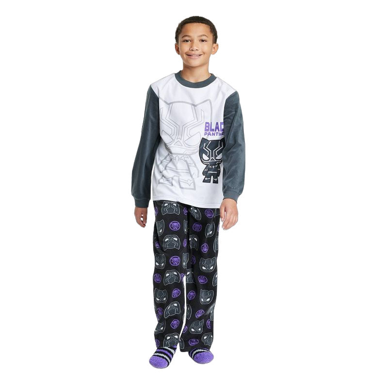 Boys Marvel Black Panther Pajama Set with Cozy Socks Gray Size XS