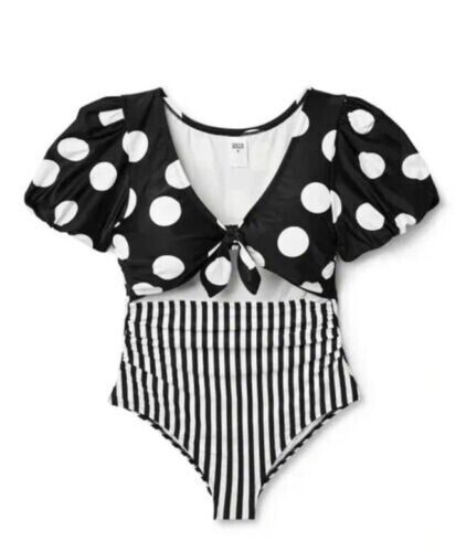Women's Striped/Dot Print Puff Sleeve Tie Front One Piece Swimsuit Small 4-6