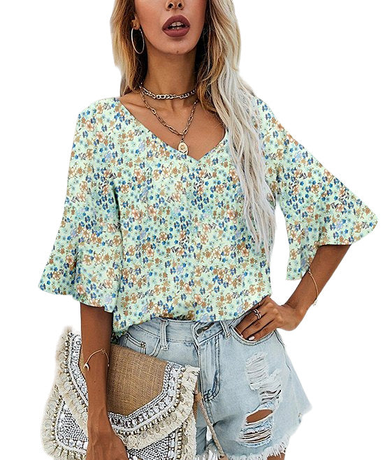 La Mode Light Green Floral V Neck Three Quarter Sleeve Top Size XL