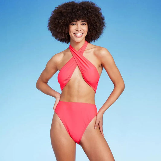 Women's Cross Front Halter One Piece Swimsuit  Wild Fable Coral S Pink