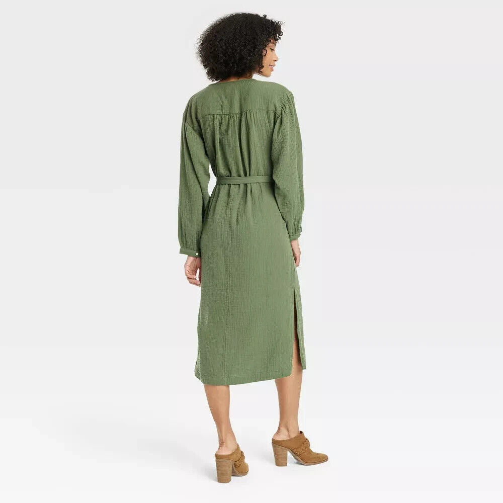 Women's Balloon Long Sleeve Tie-Front Shirtdress - Universal Thread Green M