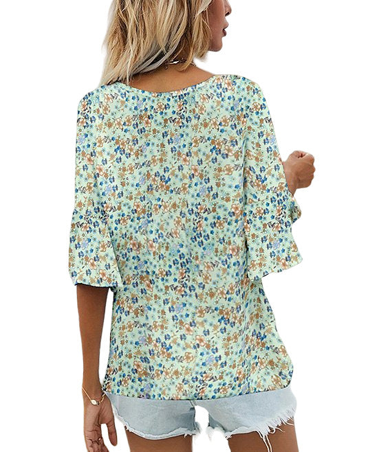 La Mode Light Green Floral V Neck Three Quarter Sleeve Top Size XL