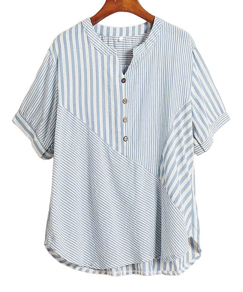White & Light Blue Stripe Half-Sleeve Button-Front Top Size 3X