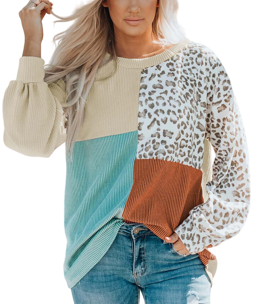 ZesicaEcru & Blue Leopard Color Block Ribbed Sweatshirt Women Size XL