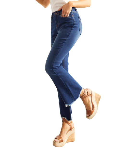 Suzanne Betro Weekend Dark Blue Wash Mia Distressed-Hem High-Waist Flare Jeans14