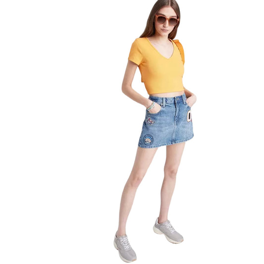 Women's Low-Rise Denim Mini Skirt - Wild Fable Medium Wash Patches 0, Medium Blu