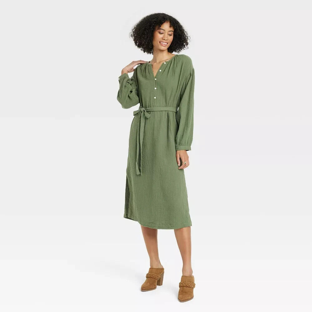 Women's Balloon Long Sleeve Tie-Front Shirtdress - Universal Thread Green M