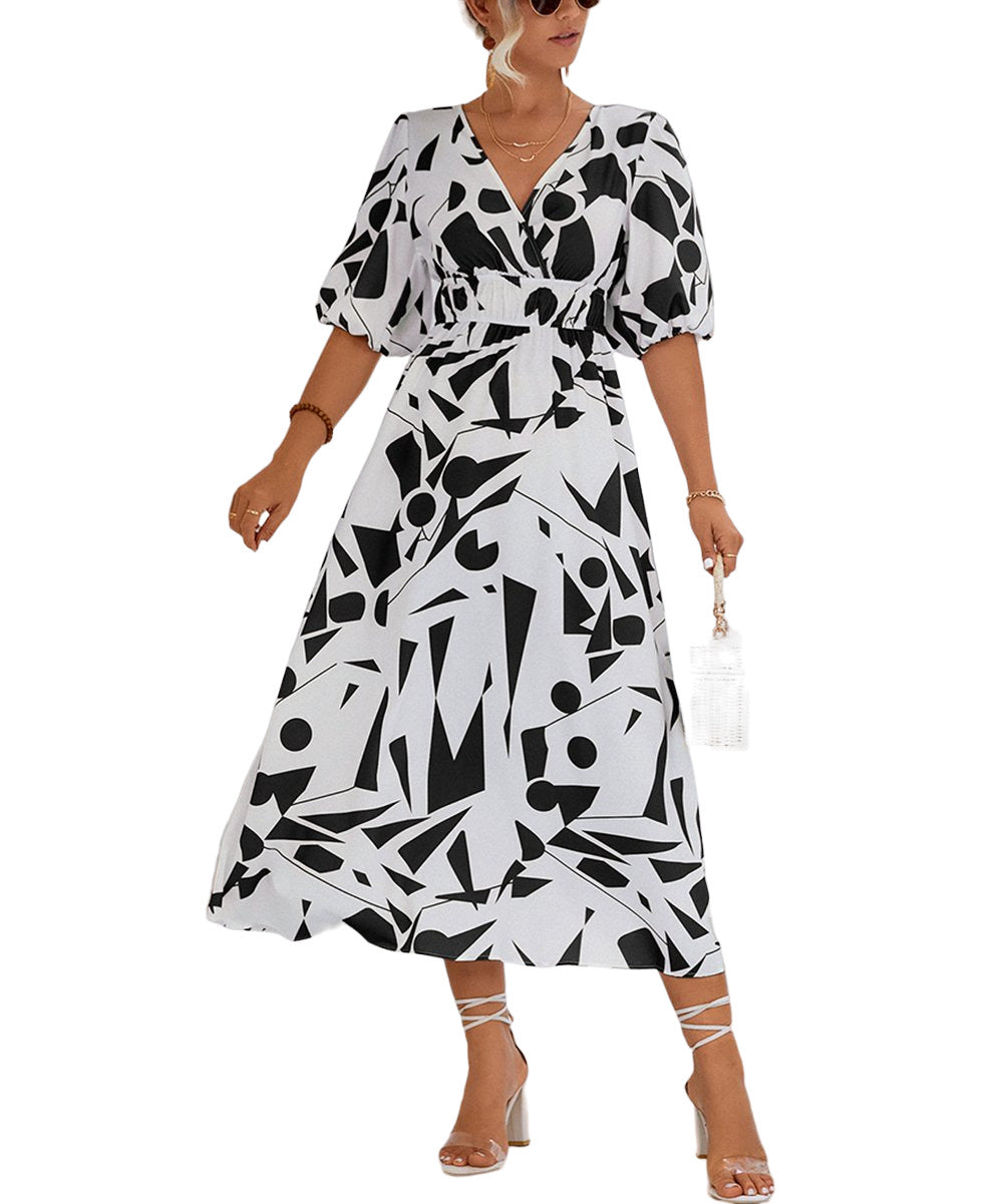 Romantichut Black & White Abstract Geometric Puff Sleeve Surplice Dress Size M