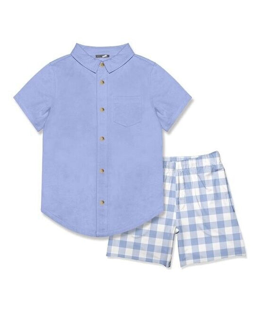 Millie & Maxx Periwinkle Short Sleeve Button Up & White Gingham Pocket size 6