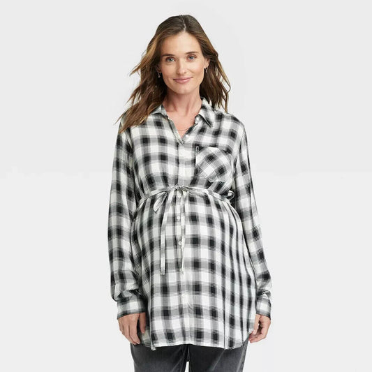Long Sleeve Collared Classic Woven Popover Maternity Shirt L