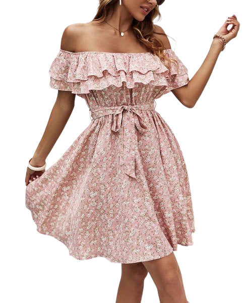 Pink & White Floral Layered-Ruffle Off Shoulder Dress Size S