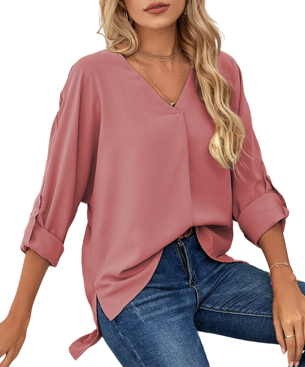 Pantalon Pink Roll Tab Sleeve V-Neck Top Size XXL