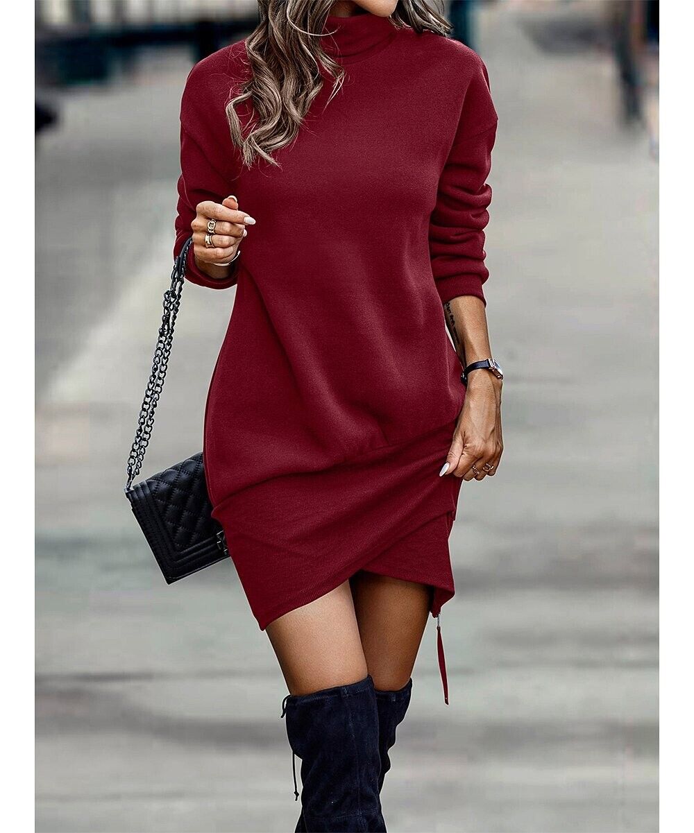 ZOWODO Wine Red Turtleneck Tulip-Hem Sweatshirt Dress Women size  M