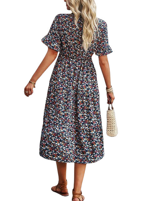 Elings Navy Floral Ruffle V Neck Puff Sleeve Midi Dress Women Size M