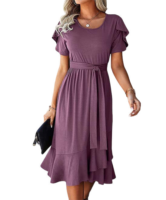 Elings Purple Tulip-Sleeve Ruffle-Hem Midi Dress - Women Size M