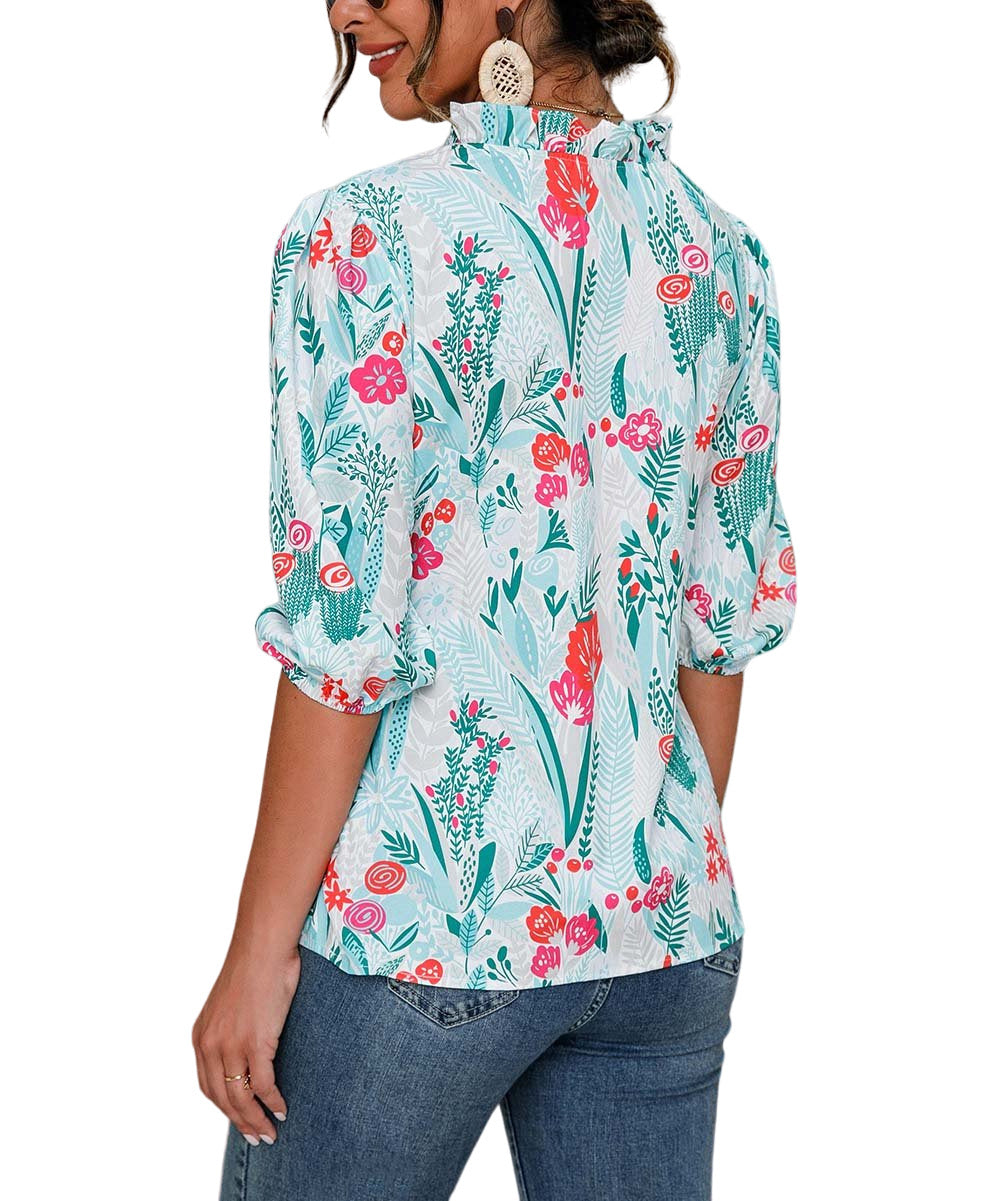 Camisa Green Floral Notch Neck Top Size S