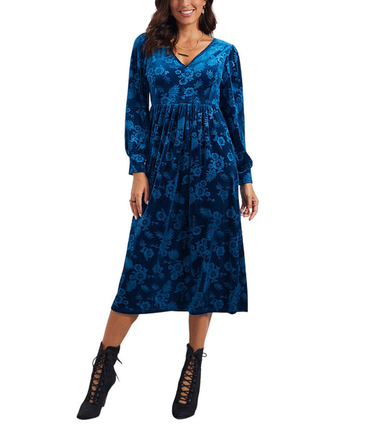 Suzanne Betro Dresses Blue Floral V Neck Midi Dress Size 2X