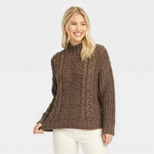 Women's Turtleneck Cable Knit Pullover Sweater - Universal Thread Brown XS