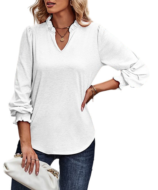 La Mode White Ruffle-Accent Poet-Sleeve Notch Neck Top Size M