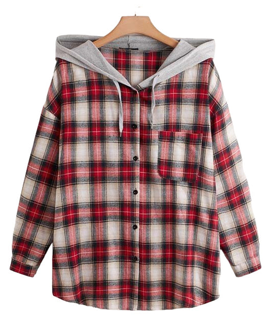 YOUYU Red & White Plaid Button-Up Hoodie Size 2XL