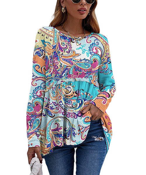 Orange & Blue Green Paisley Long-Sleeve Top Size L