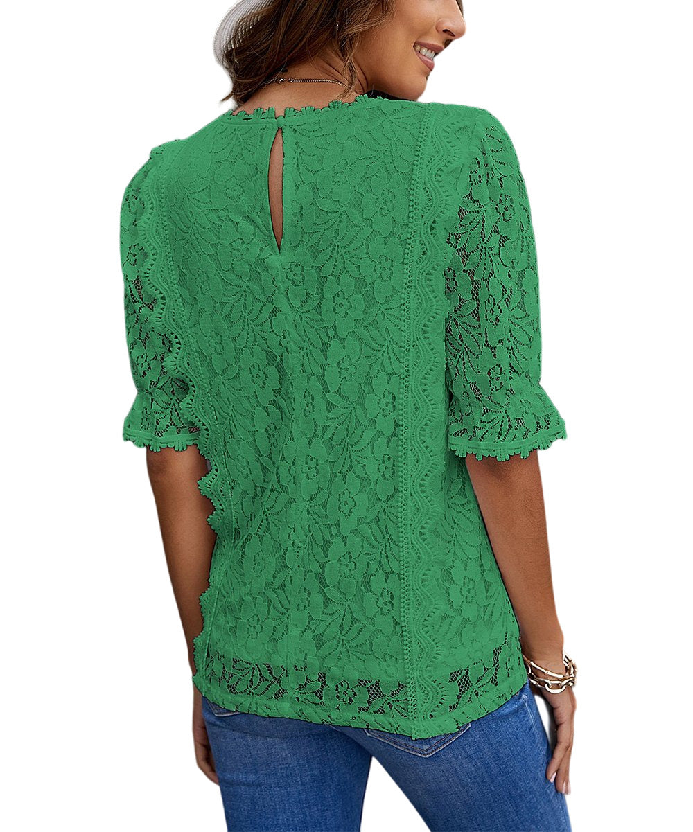 Danqi Green Floral Lace Ruffle Accent V Neck Top Size XL