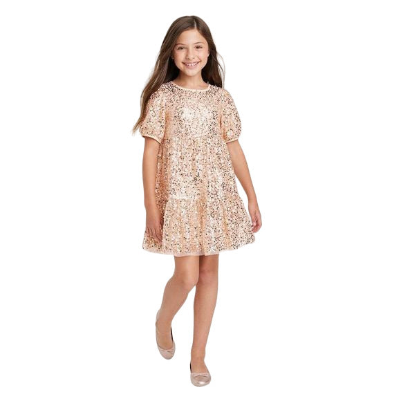 Girls Sequin Puff Sleeve Dress  Cat & Jack Gold Size L