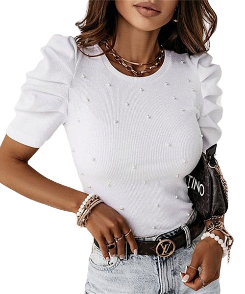 Suvimuga White Imitation Pearl Mutton-Sleeve Top Size XL