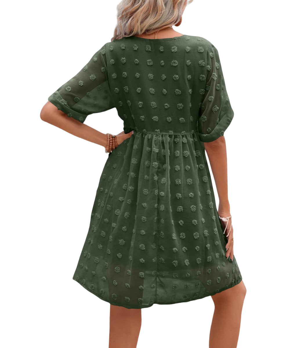 Vrkufie Army Green Polka Dot Textured Empire-Waist Dress Size XL