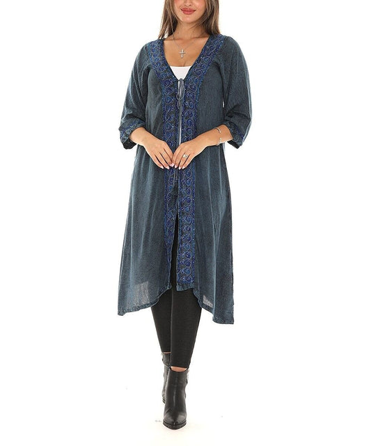 Blue Sequin Accent Embroidered Three-Quarter Sleeve Duster Size 2X