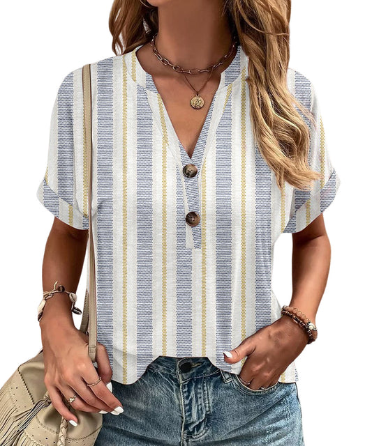 Gray & Yellow Stripe Button Front V-Neck Top Size L
