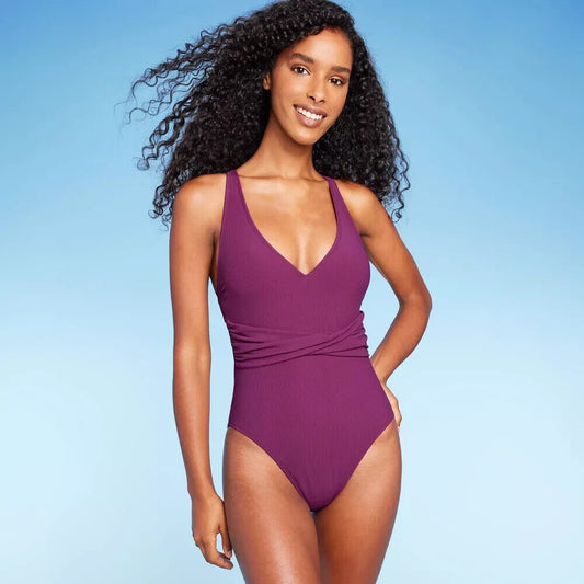Women's Ribbed Plunge Twist Front One Piece Swimsuit  Shade & Shore Purple S