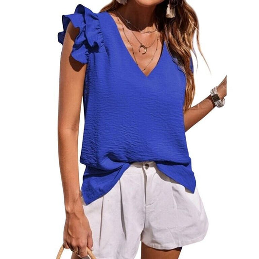 STARVNC Women V Neck Tiered Flutter Sleeve Ruffle Top Size L