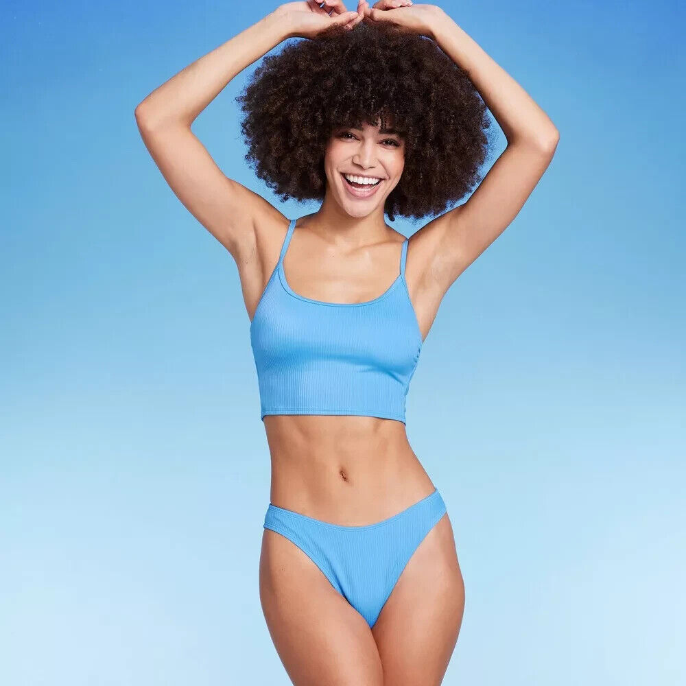 Women's Ribbed Longline Bralette Bikini Top - Wild Fable Blue S