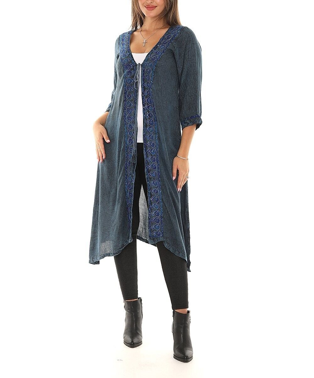 Blue Sequin Accent Embroidered Three-Quarter Sleeve Duster Size 2X