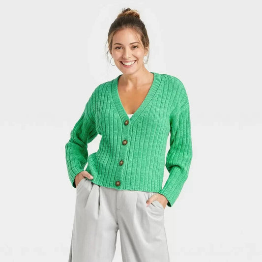 Women's Ribbed Cardigan - A New Day Green XL